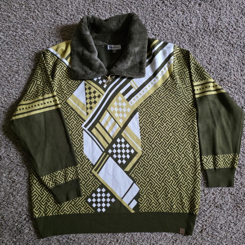 Silversilk Mens 70s Retro Shawl Collar Striped Zip Up Cardigan Sweater 4XL Green